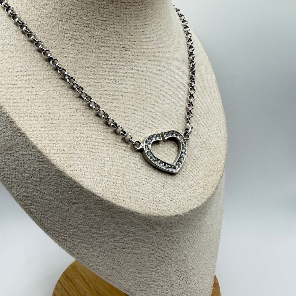 Crystal Open Heart Necklace 11" Silver Rolo Chain Y2K Rhinestone Heart Choker - Picture 2 of 5